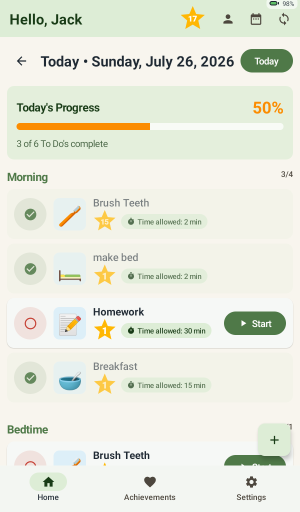 Kinpilot daily routine screen showing a fresh day with tasks ready to start