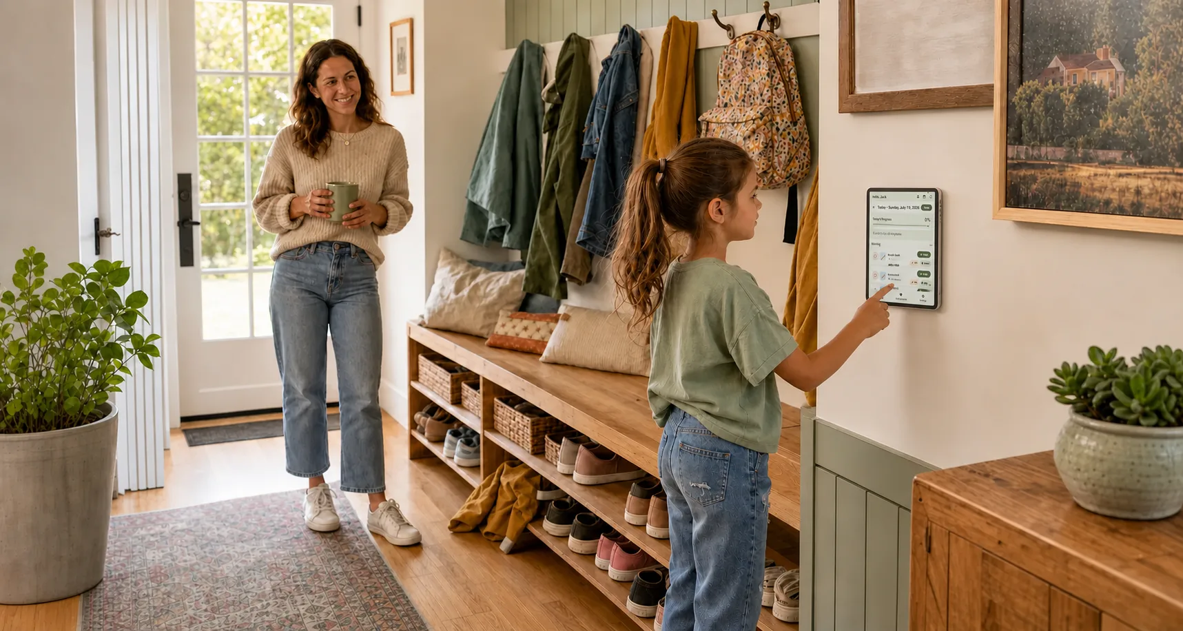 A child and a parent stand beside a Kinpilot tablet showing a fresh day of tasks ready to start