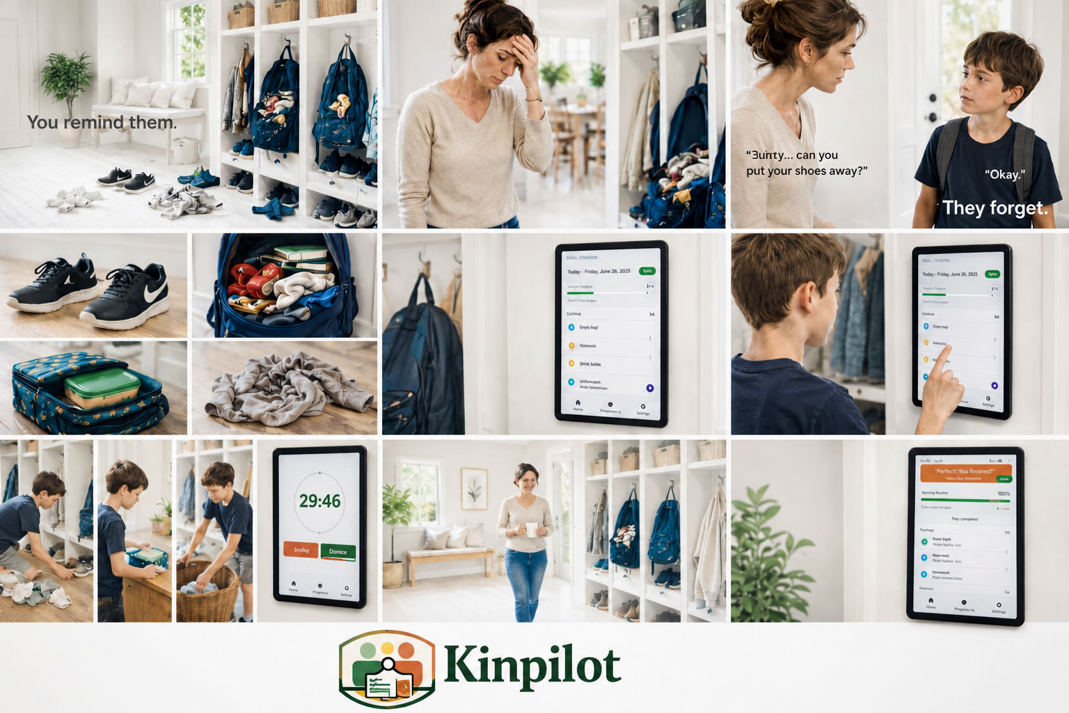 A storyboard showing a parent and child in a bright mudroom with Kinpilot helping the child follow the routine.